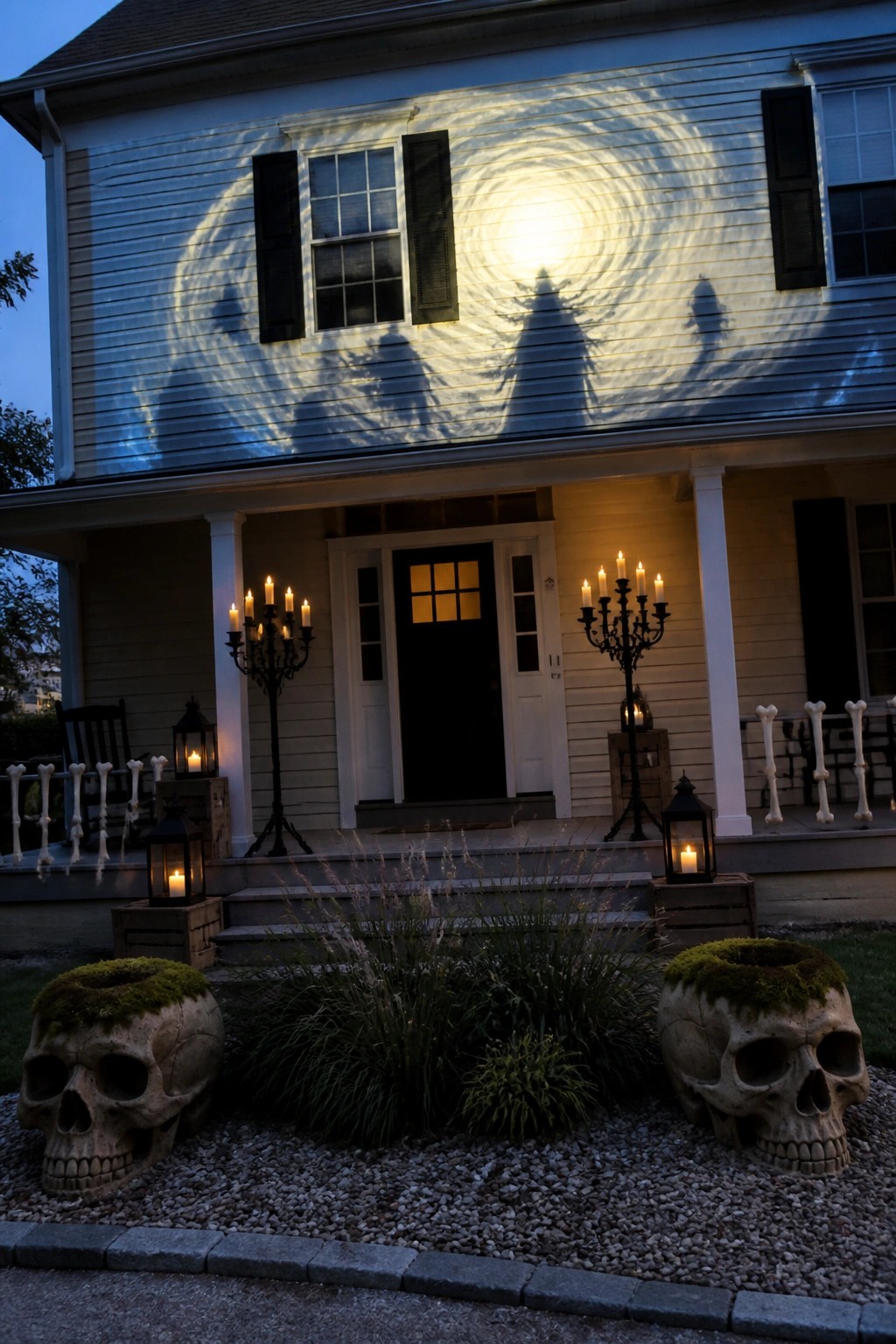 Halloween-decorated house with swirling light projections, candelabras, and mossy skull planters.