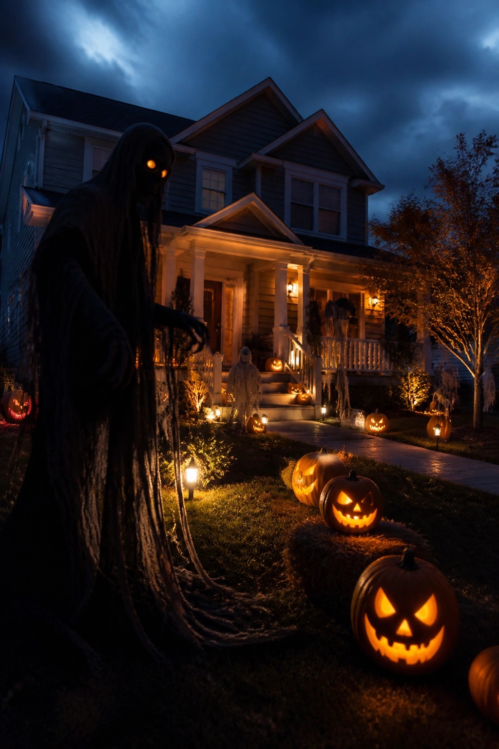 Tall shadowy ghost with glowing eyes amid carved pumpkins before a lit house at night