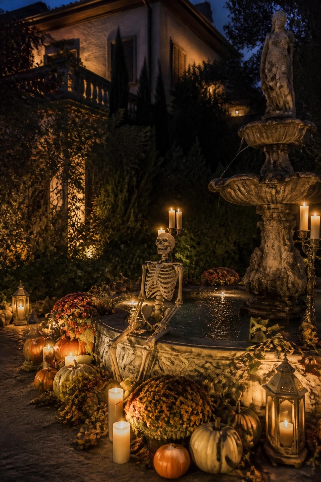 A skeleton posed sitting on the edge of a stone fountain holding a candelabra, surrounded by pumpkins and lanterns at night.