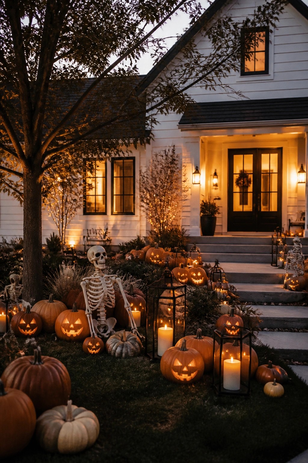 Glowing jack-o'-lanterns and skeletons decorate a white house yard at dusk.