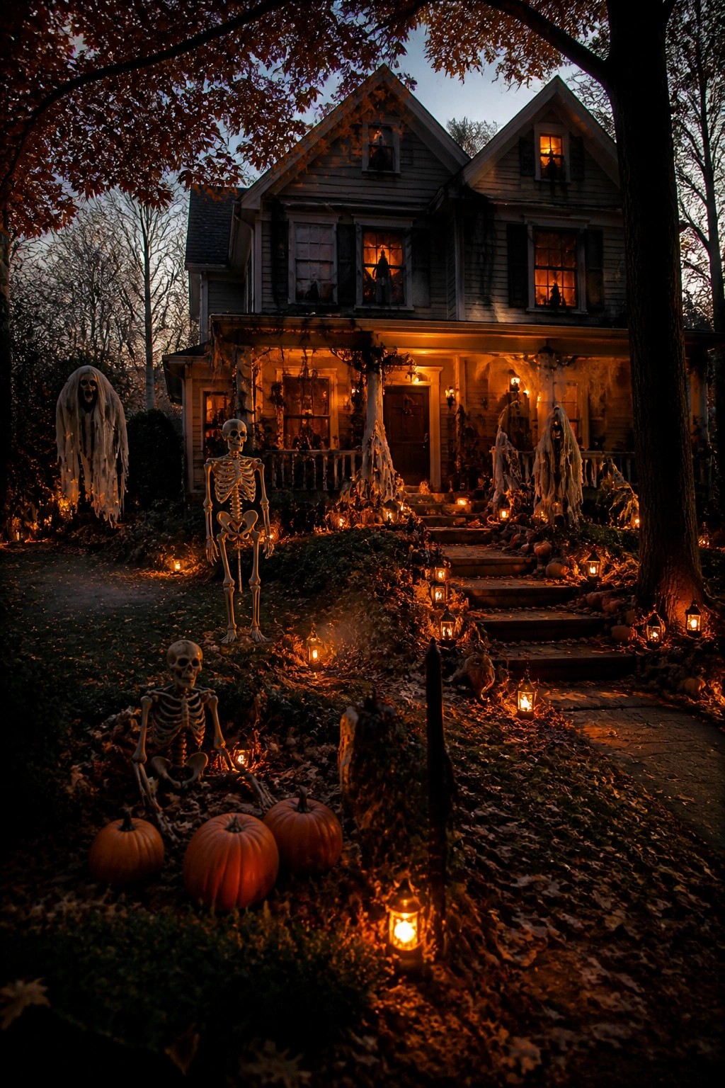 Yard in front of a house decorated with multiple posed skeletons, hanging ghosts, pumpkins, and lanterns along the walkway and porch steps.