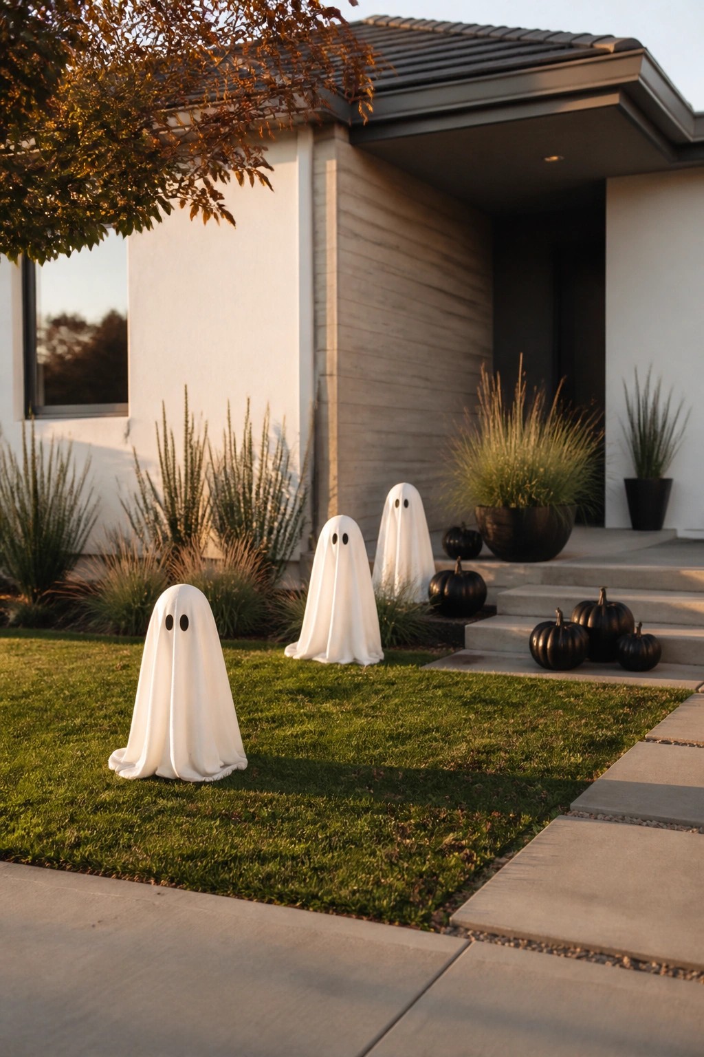 Front yard with three white sheet ghosts standing on the grass and near the house steps, plus several black pumpkins.