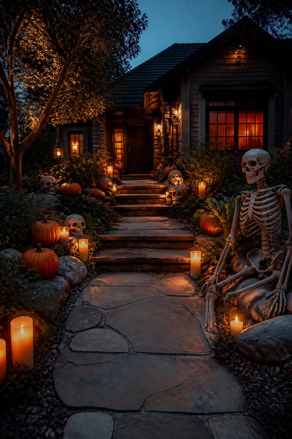 Stone walkway at night lined with pumpkins, skulls, and a large skeleton figure positioned beside the steps.