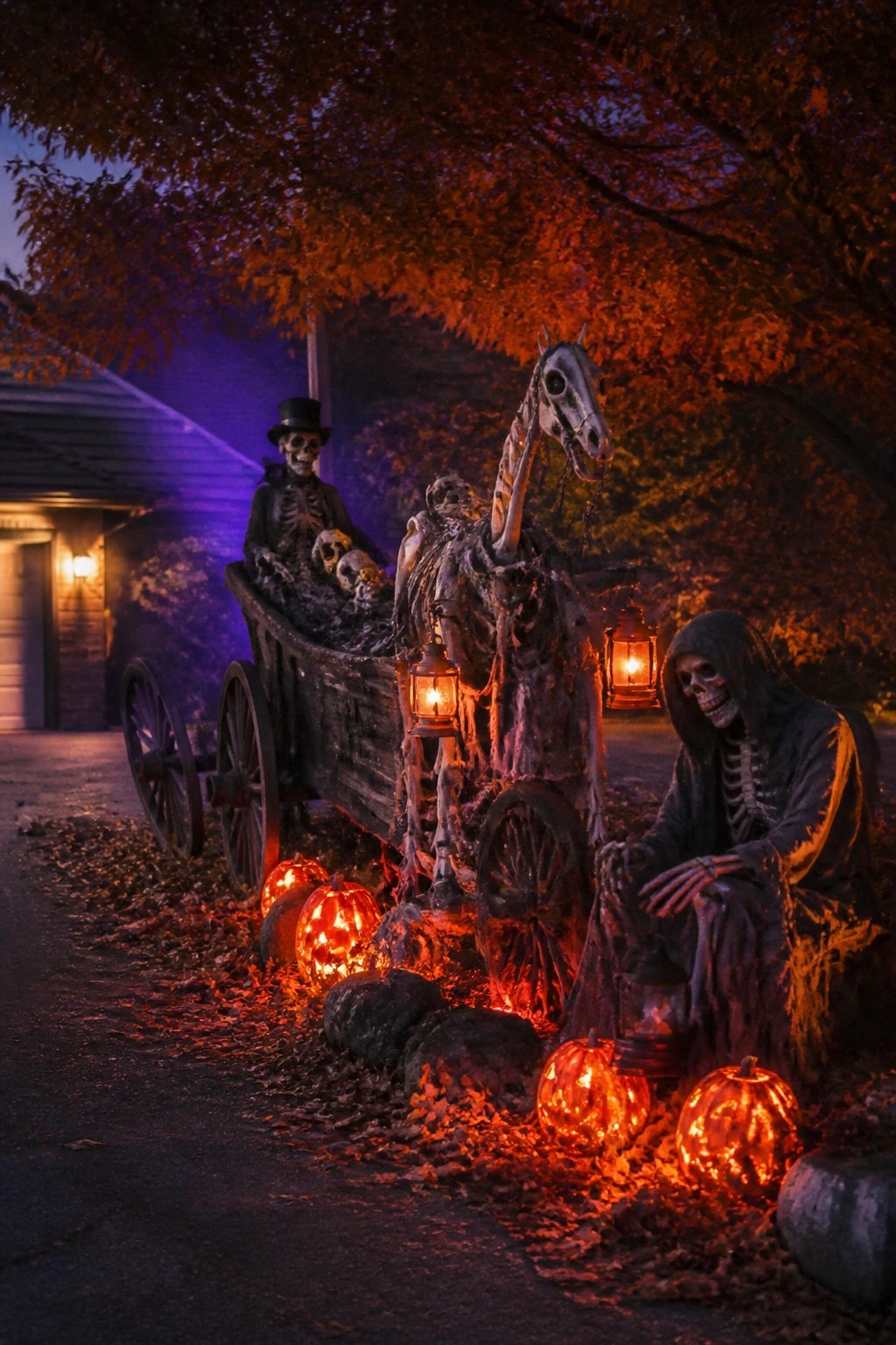 A yard display with a skeleton horse pulling a wooden wagon filled with skeletons and skulls, plus a hooded skeleton seated nearby and several glowing jack-o'-lanterns on the ground.