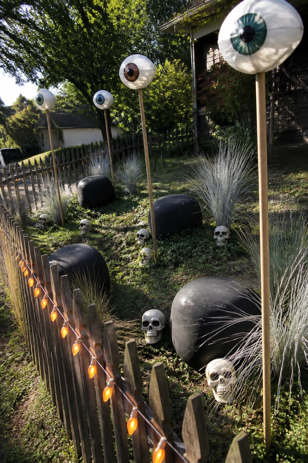 A front yard Halloween display shows several tall wooden poles topped with large white eyeballs, scattered white skulls, black rounded forms, and a wooden picket fence strung with orange lights.