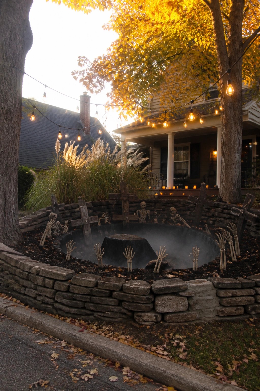 A front yard Halloween display with multiple skeletons and wooden crosses arranged inside a low curved stone wall, with fog rising from the center and string lights overhead.