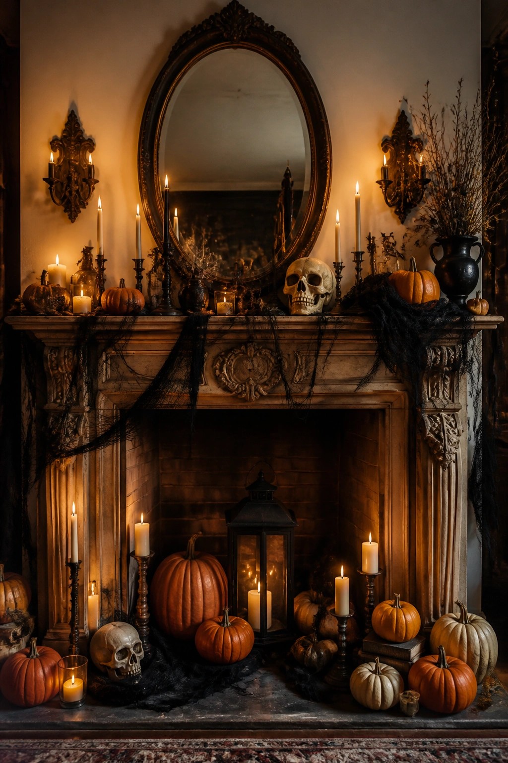 Ornate fireplace mantel decorated for Halloween with skulls, black fabric draping, candles, and pumpkins beneath a large oval mirror.