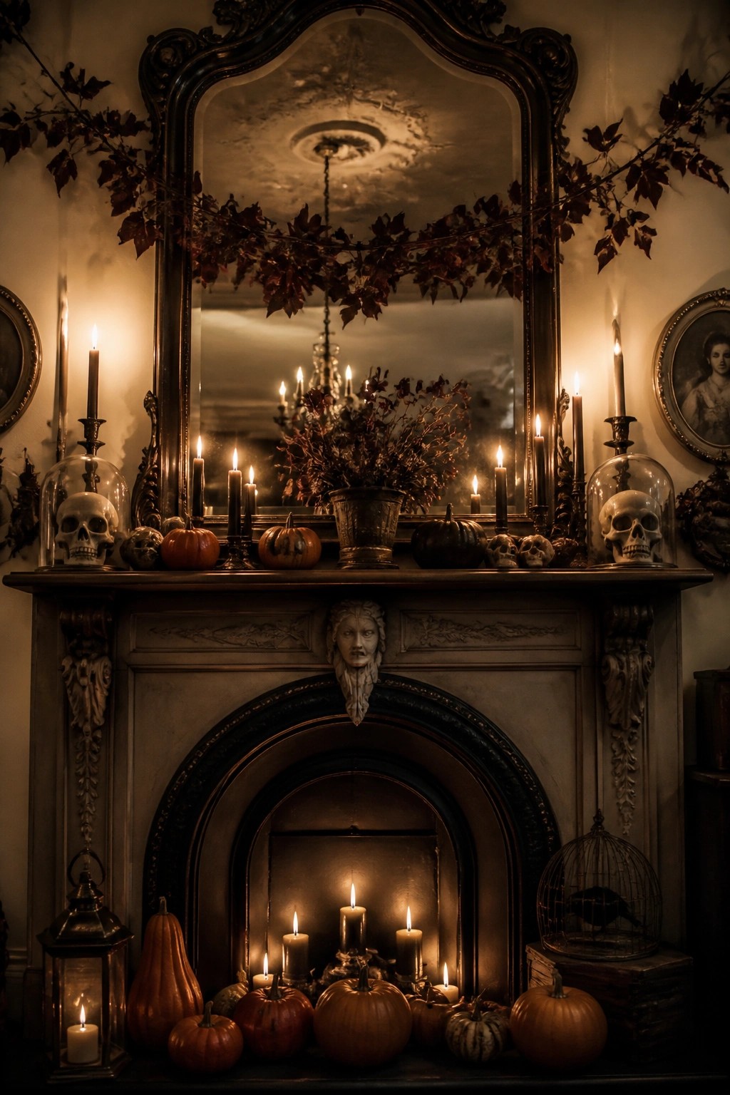 Gothic fireplace mantel with lit candles, pumpkins, skulls under glass domes, and ornate mirror.