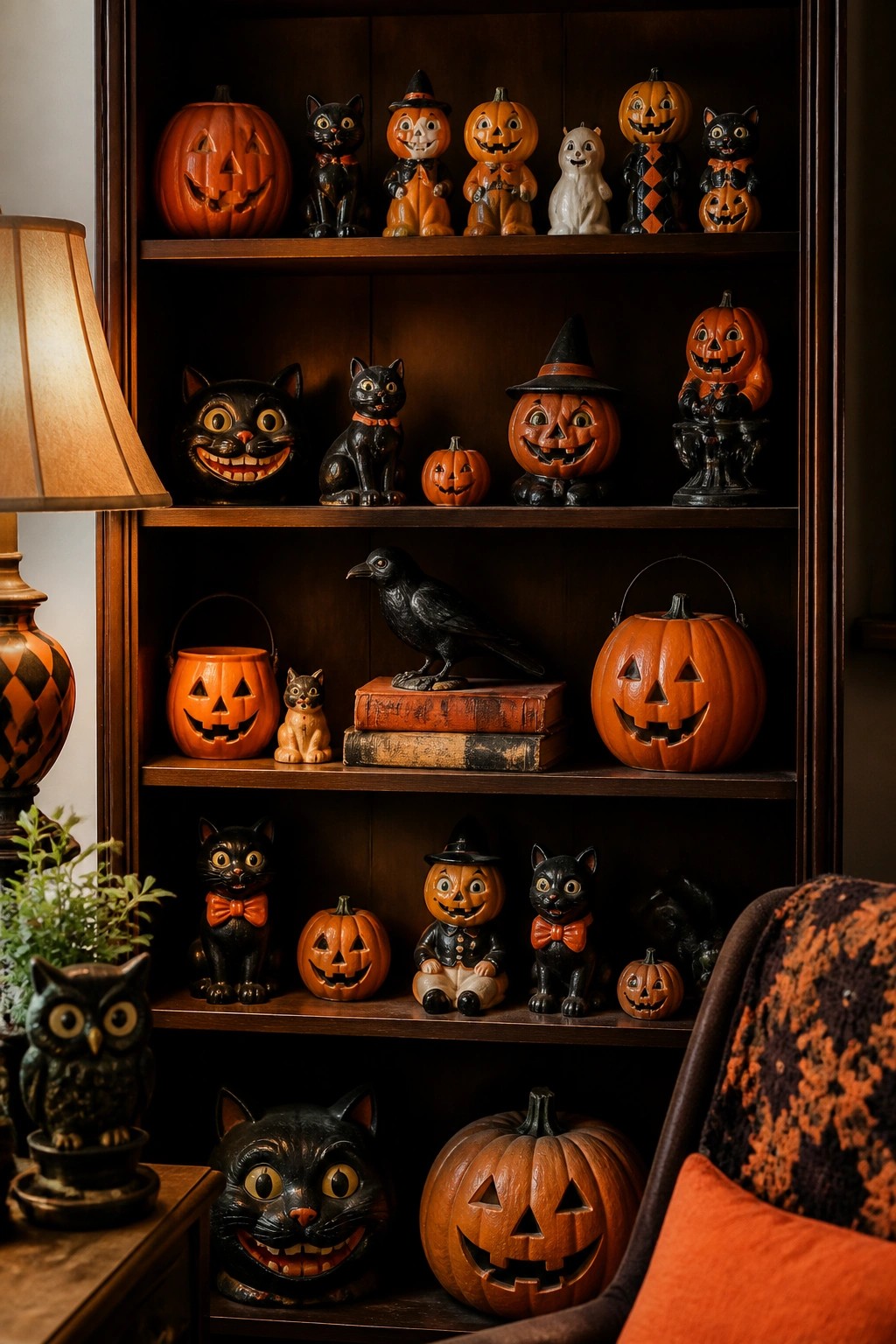 Built-in dark wood shelves filled with vintage-style black cat and jack-o'-lantern figurines.