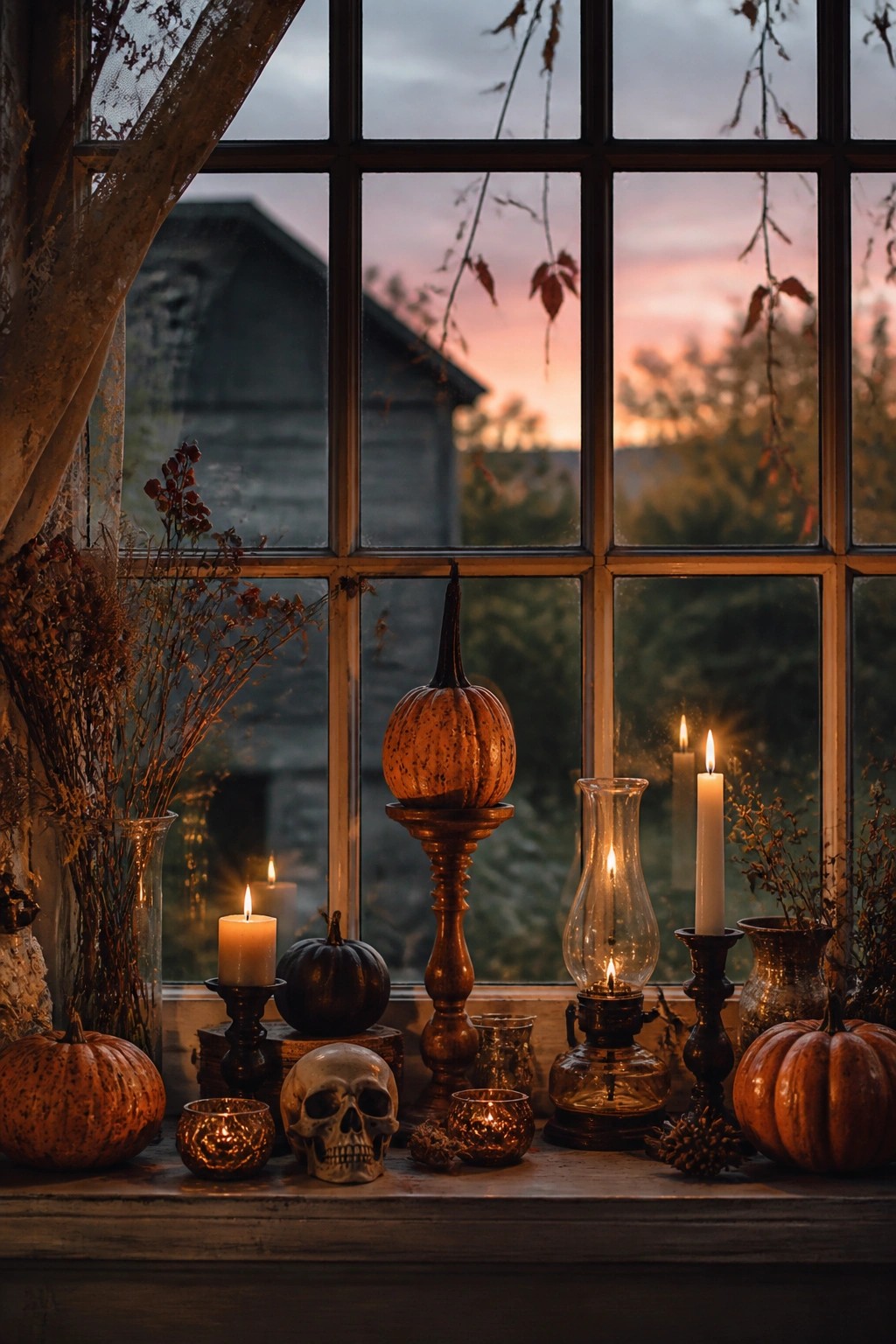 Autumn windowsill with pumpkins, skull, lit candles, oil lamp, and dried flowers at dusk