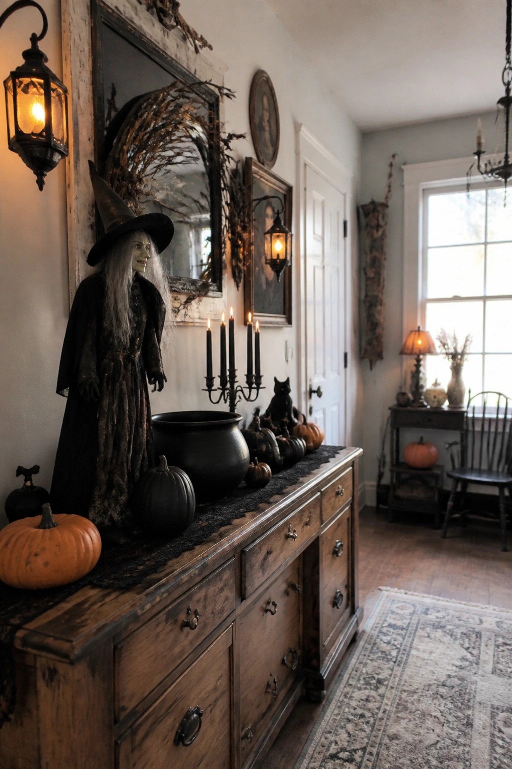 Witch statue beside cauldron and pumpkins on rustic wooden sideboard with candles