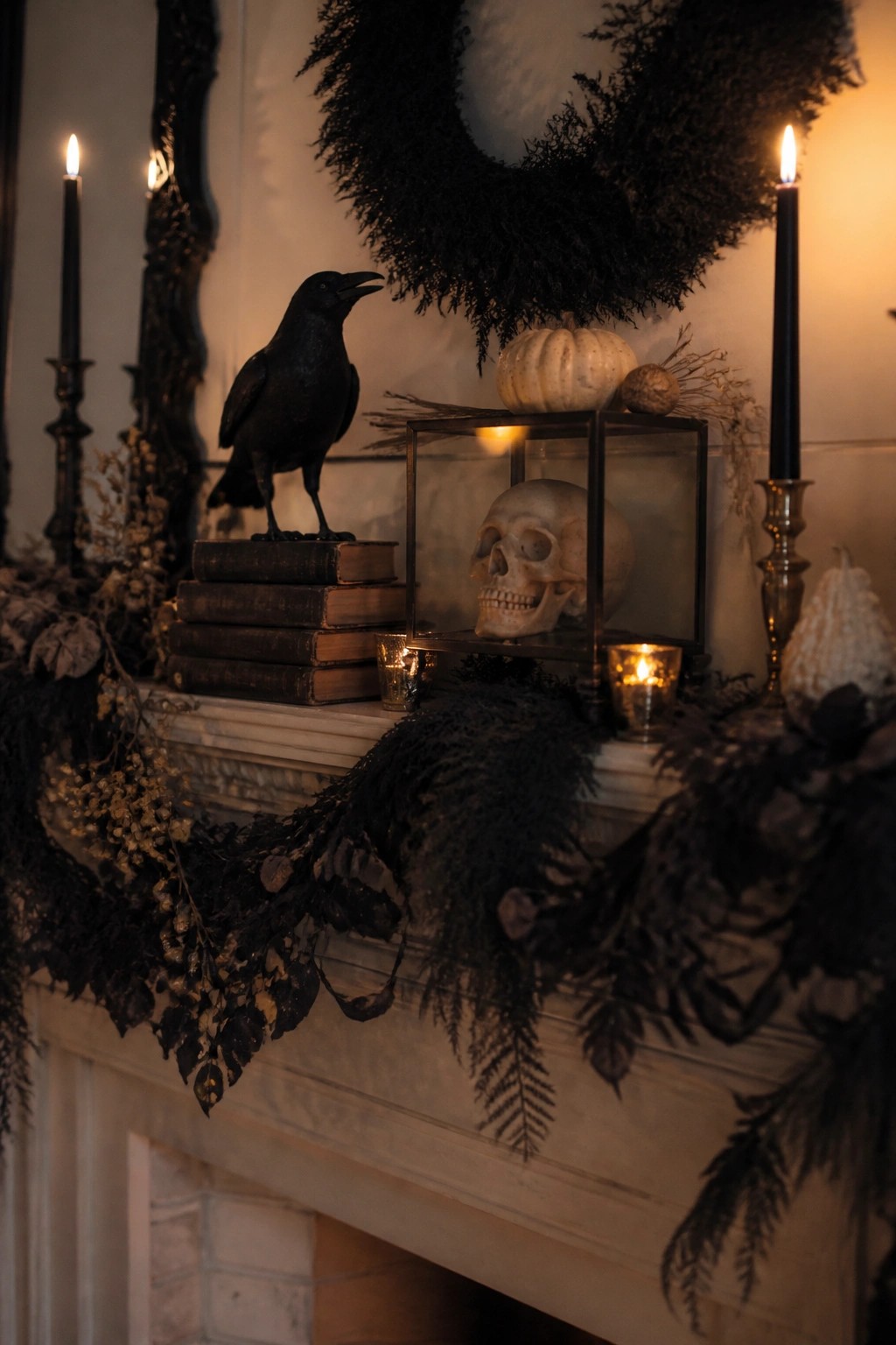 A stone fireplace mantel styled with a human skull inside a glass case, a black crow statue on stacked books, black taper candles, and dark foliage garland.