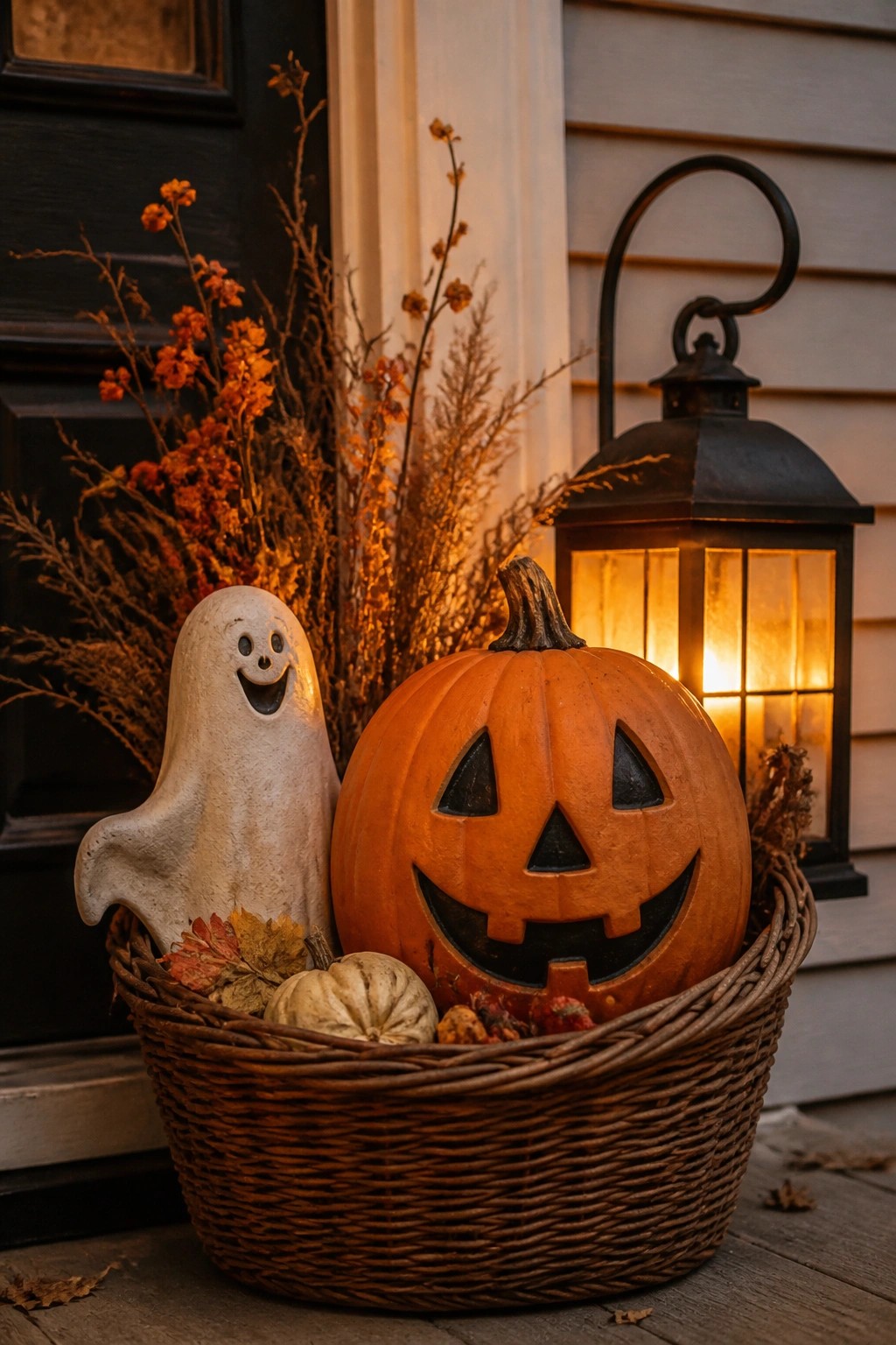 Carved pumpkin and smiling ghost in wicker basket with autumn leaves and lit lantern