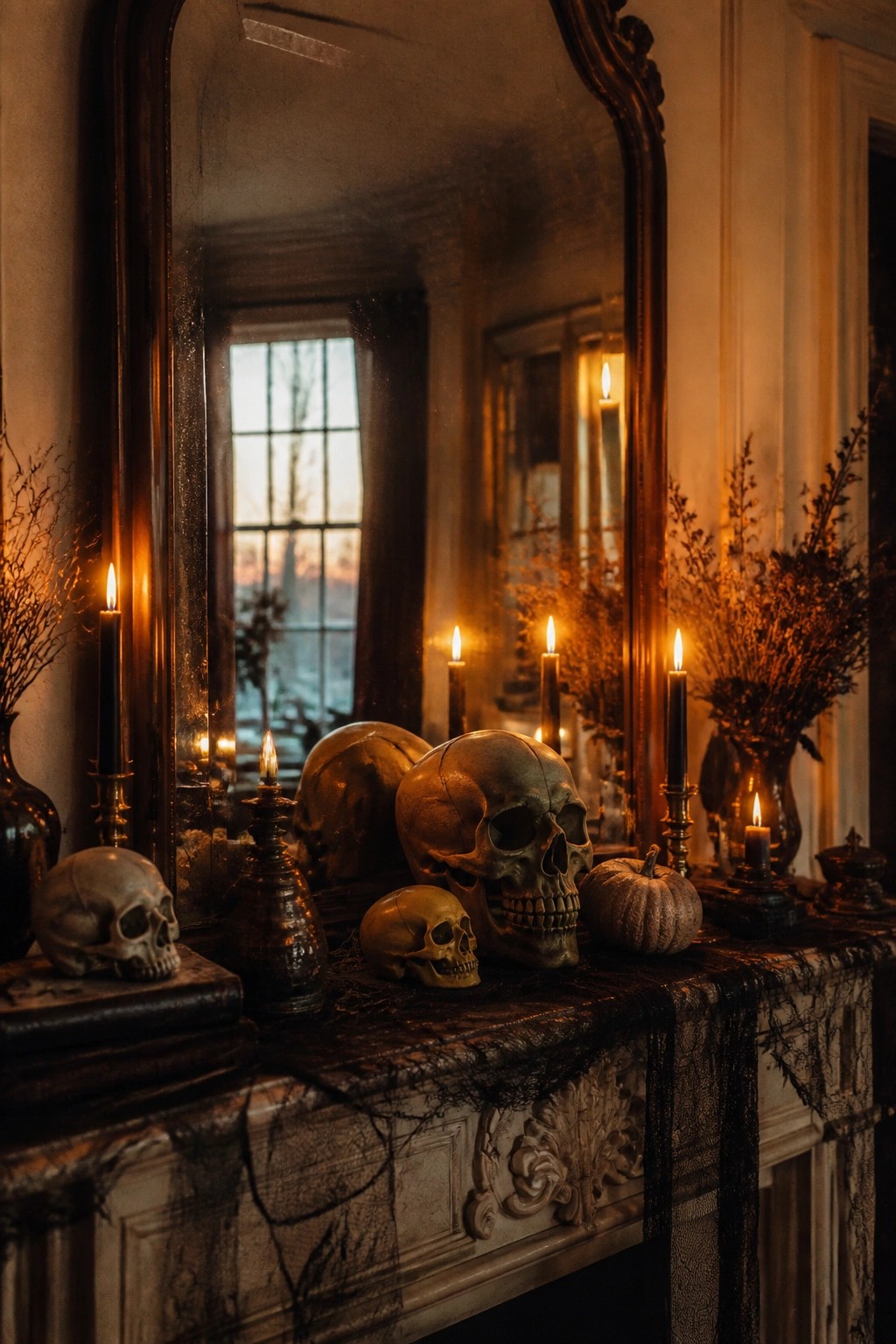 Fireplace mantel arranged with several skulls of varying sizes, lit black candles, and dried branches in front of a large antique mirror.