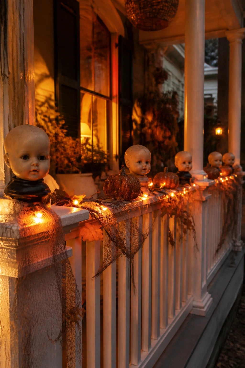 Front porch railing decorated with a row of vintage doll heads, small pumpkins, string lights, and black netting.
