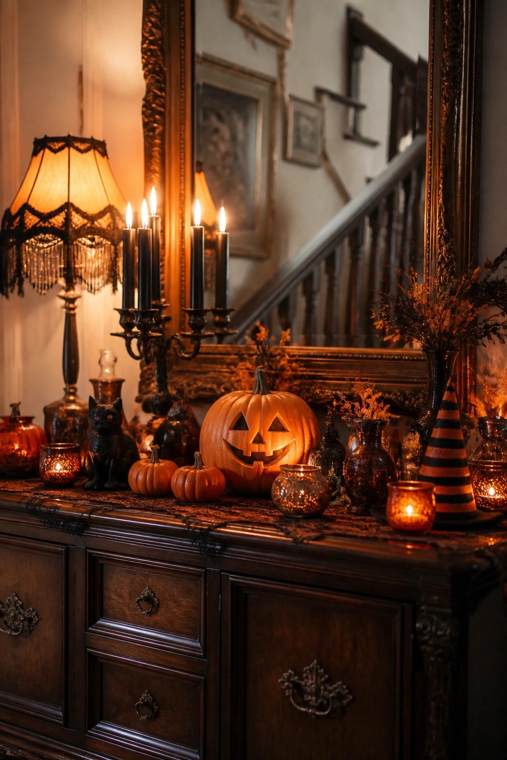 Dark wood console table styled with a large glowing carved jack o lantern, black candles, smaller pumpkins, and a striped witch hat in front of an ornate mirror.