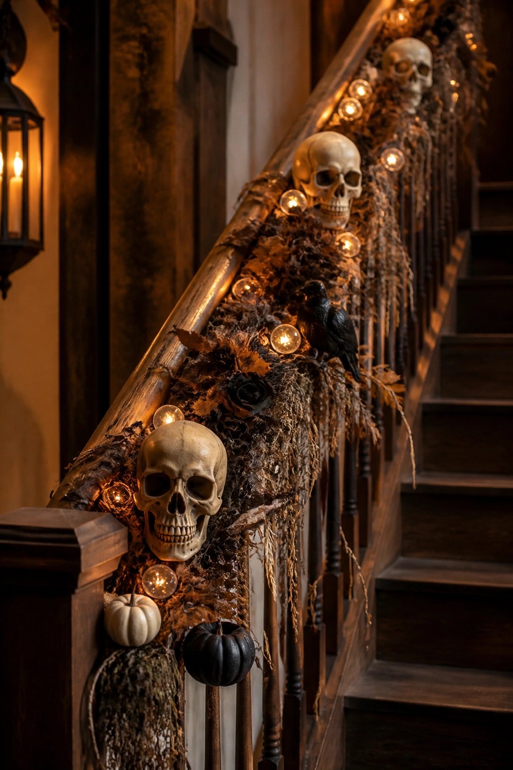 Wooden staircase with a Halloween garland of skulls, crows, string lights, and dried foliage wrapped around the railing.