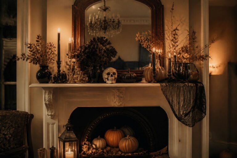 22 Vintage Halloween Decorations That Feel Like a Blast From the Past A white fireplace mantel styled for Halloween with a skull, vintage doll, pumpkins, candles, black garland, and string lights.