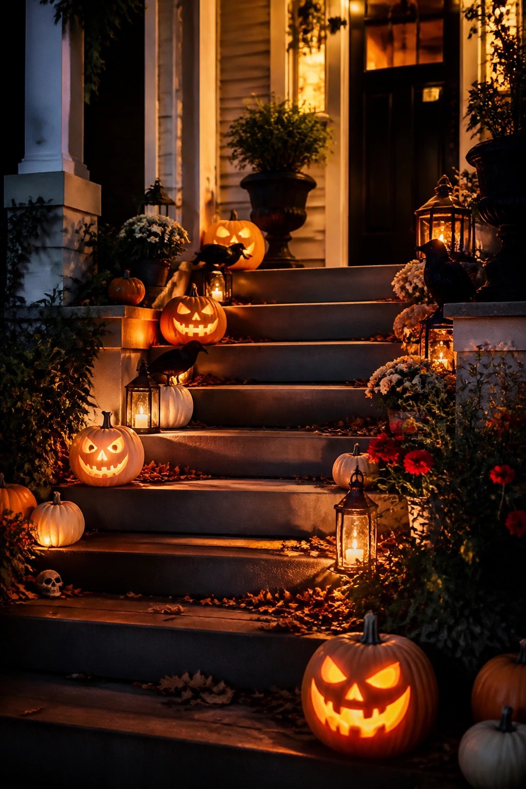 Front porch staircase lined with glowing carved jack-o'-lanterns, black crows, and lanterns at night.