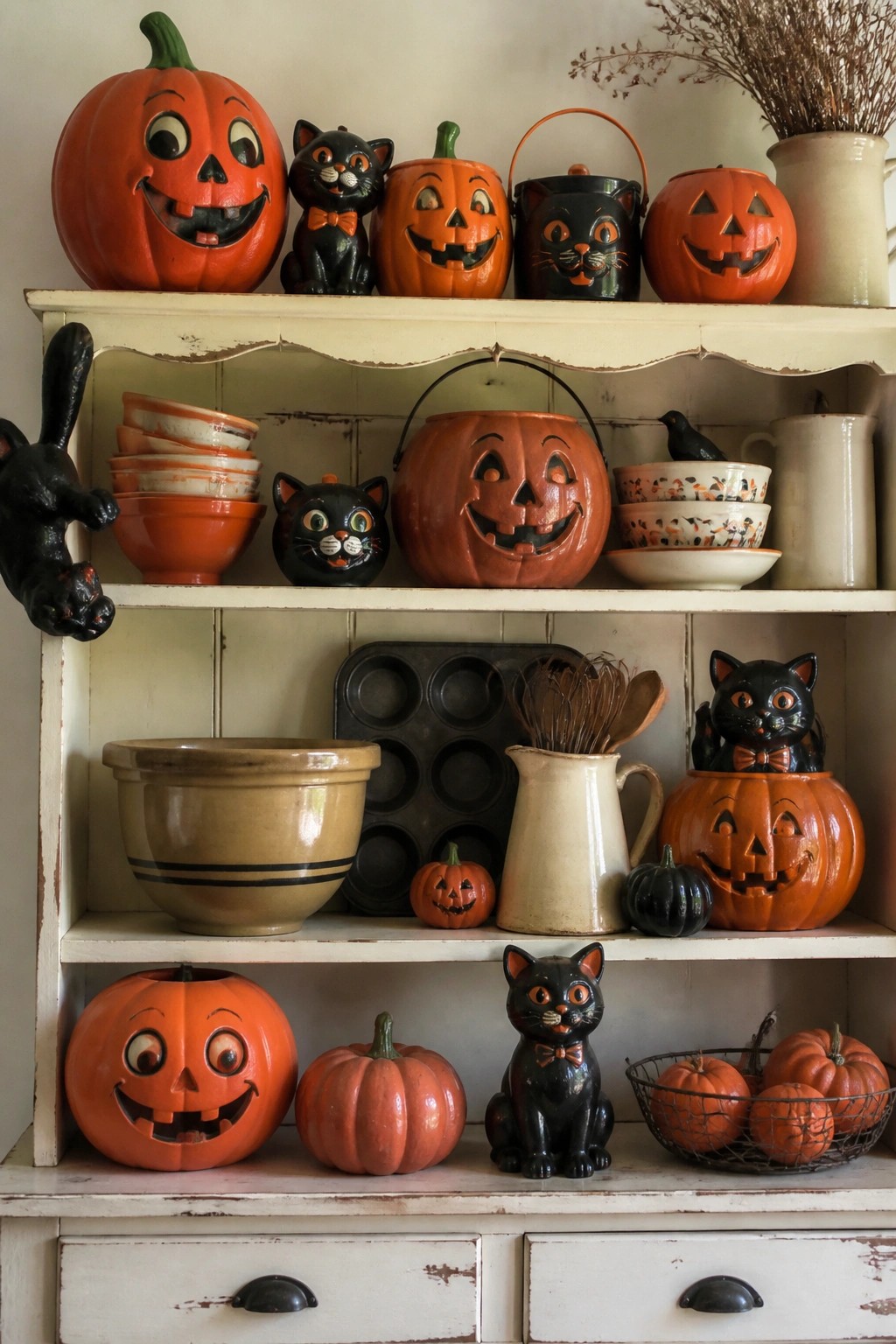 White distressed hutch with multiple vintage jack-o-lantern buckets and black cat figurines arranged across three open shelves.