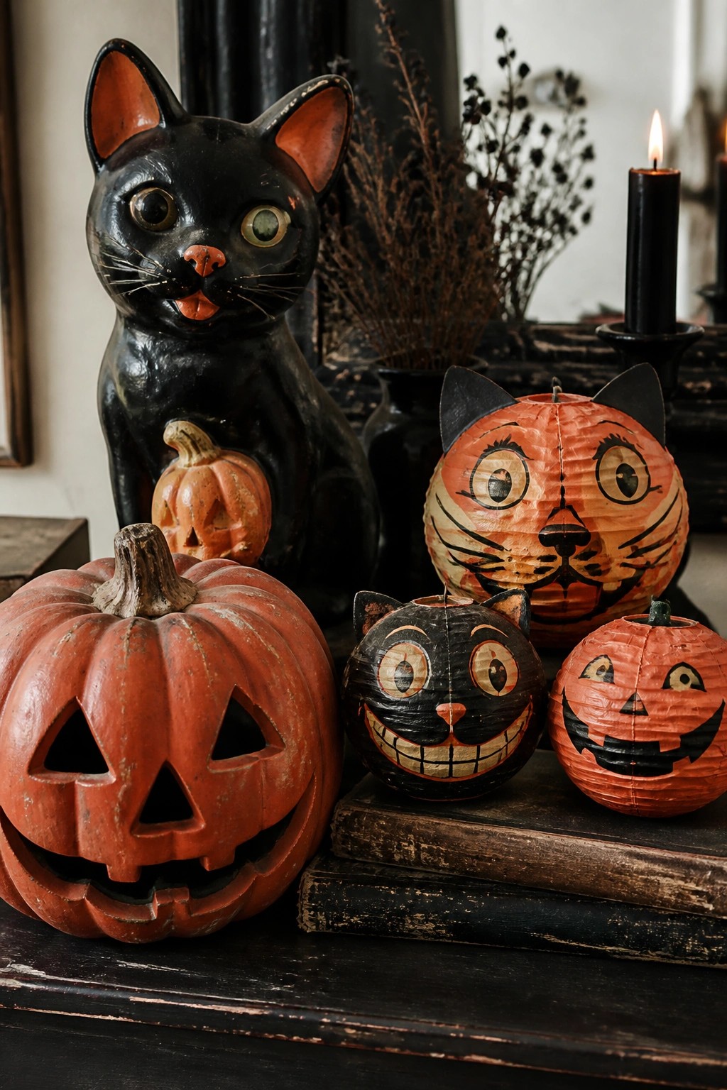Vintage paper lanterns with cat and pumpkin faces grouped with a large black cat figurine and carved real pumpkins on a dark wooden surface.