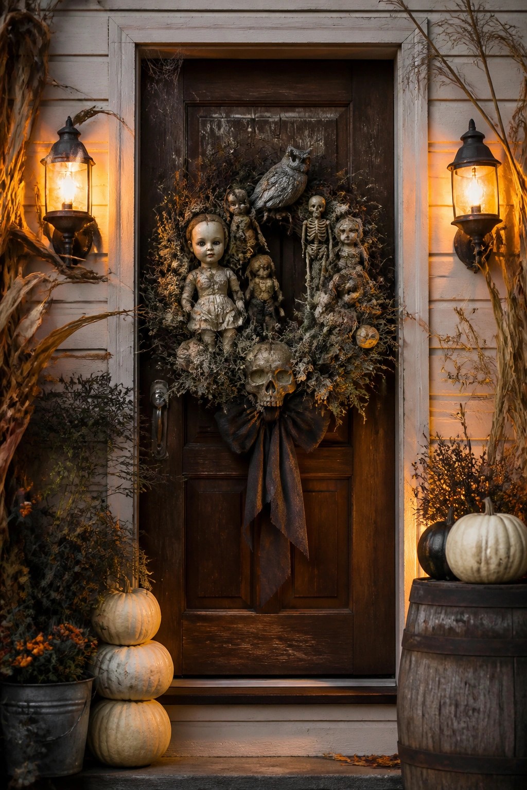 Front door with a large Halloween wreath made of vintage dolls, skulls, an owl, and dark foliage centered with a black bow.