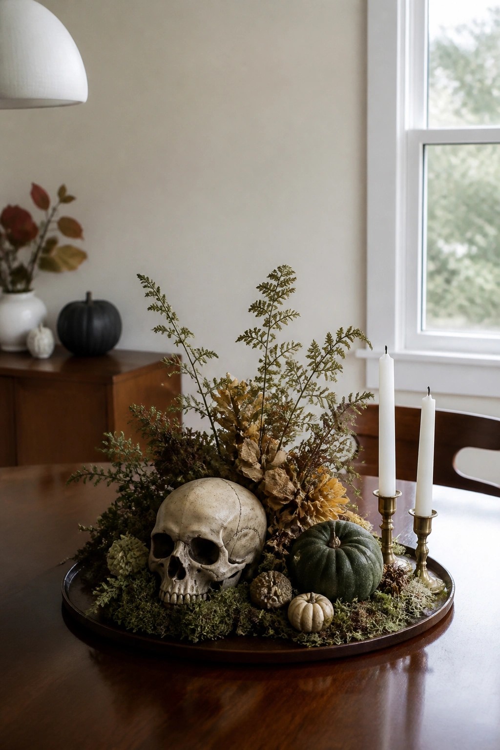A wooden dining table holds a round tray with a realistic skull, moss, dried ferns, small pumpkins, and two white taper candles in brass holders.