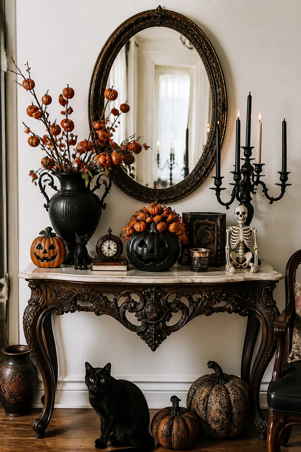Ornate wooden console table styled with a small skeleton, black candelabra, carved pumpkins, and a black vase of orange berries beneath a large oval mirror.