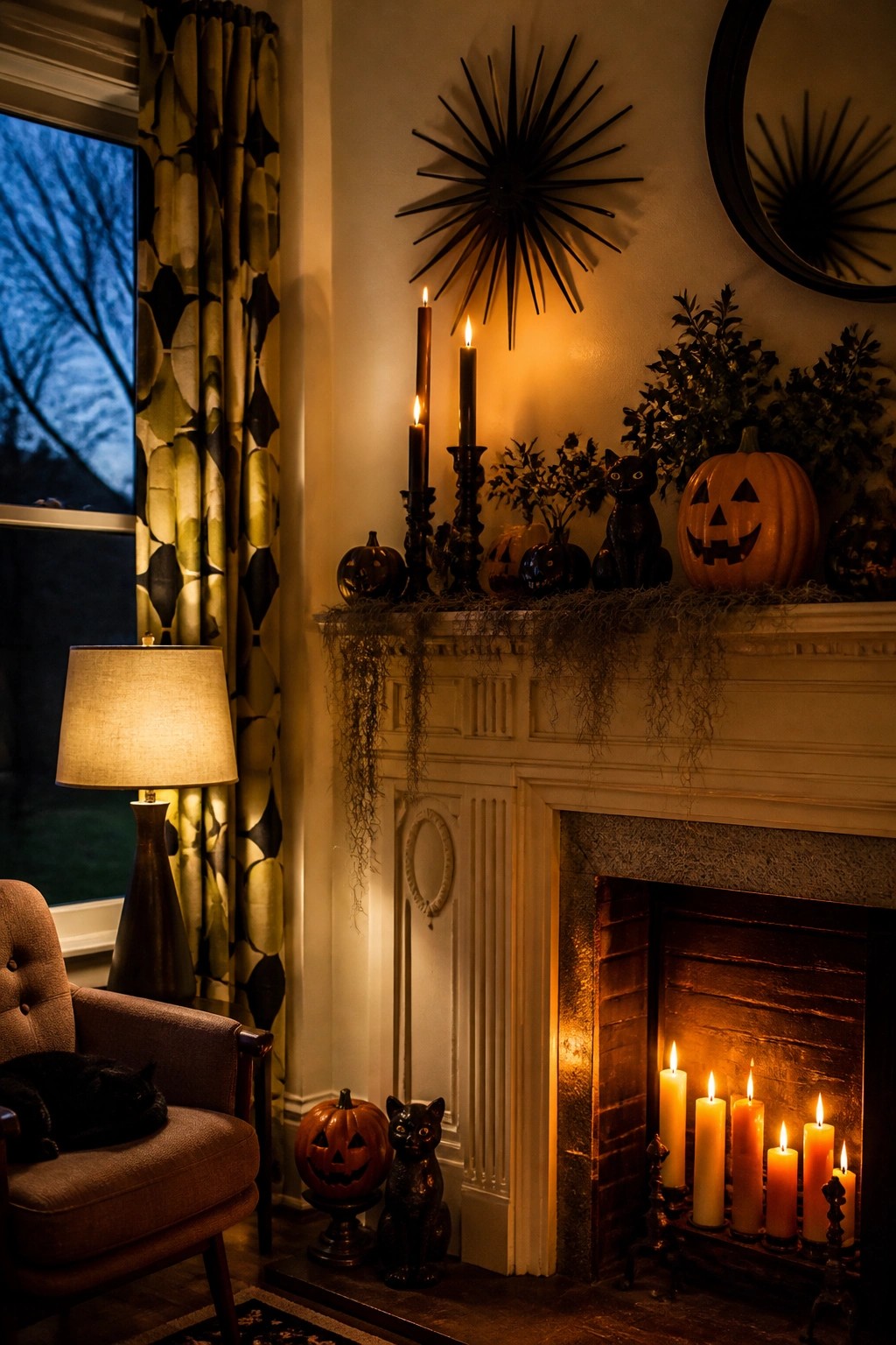 White fireplace mantel styled with black cat figurines, carved jack-o'-lanterns, taper candles, and black starburst wall decor.