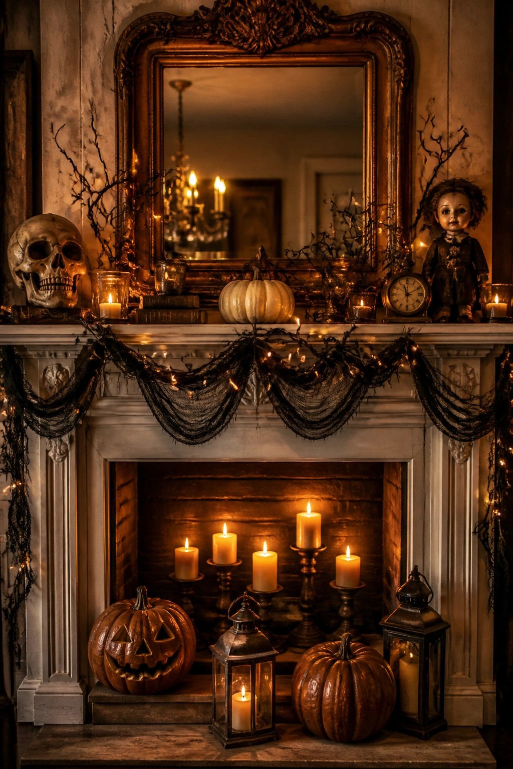 A white fireplace mantel styled for Halloween with a skull, vintage doll, pumpkins, candles, black garland, and string lights.