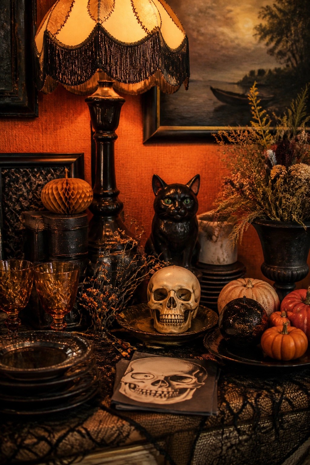 A tabletop vignette with a skull on a metal plate, a black cat figurine, small pumpkins, amber glassware, and a skeleton print card on dark lace fabric.
