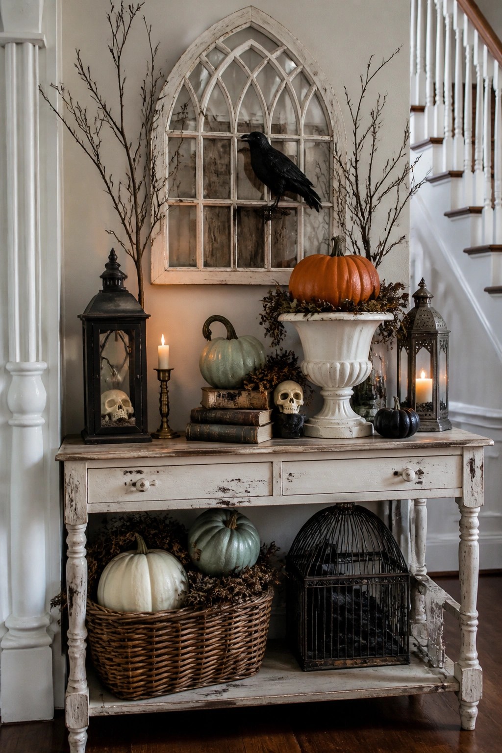 Entryway console table decorated with vintage Halloween items including skulls, old books, pumpkins, lanterns, and a black crow on an arched window frame.