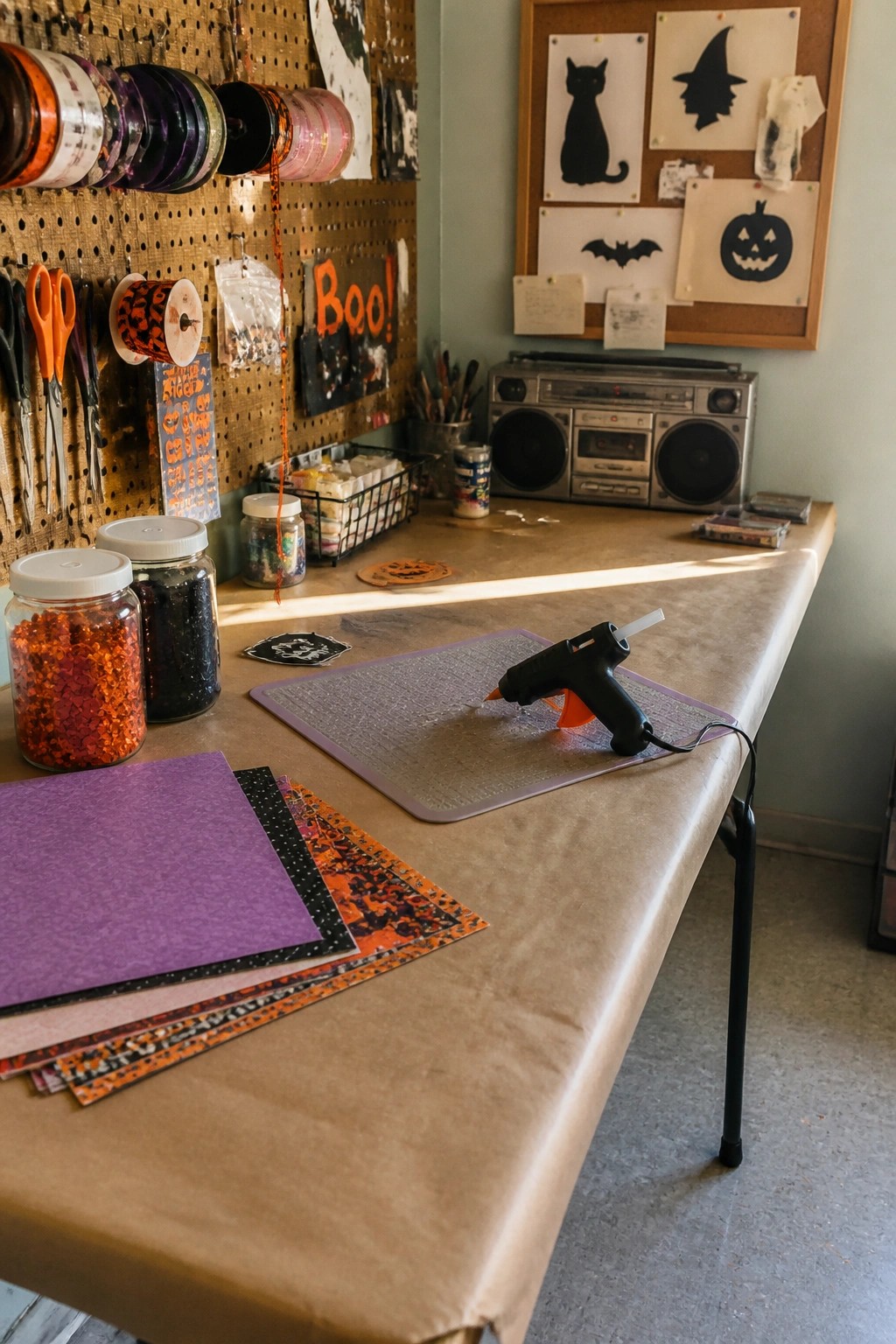 A craft workspace with a pegboard holding rolls of ribbon and tools, a work table with a glue gun and glitter jars, and Halloween paper cutouts pinned to a corkboard.