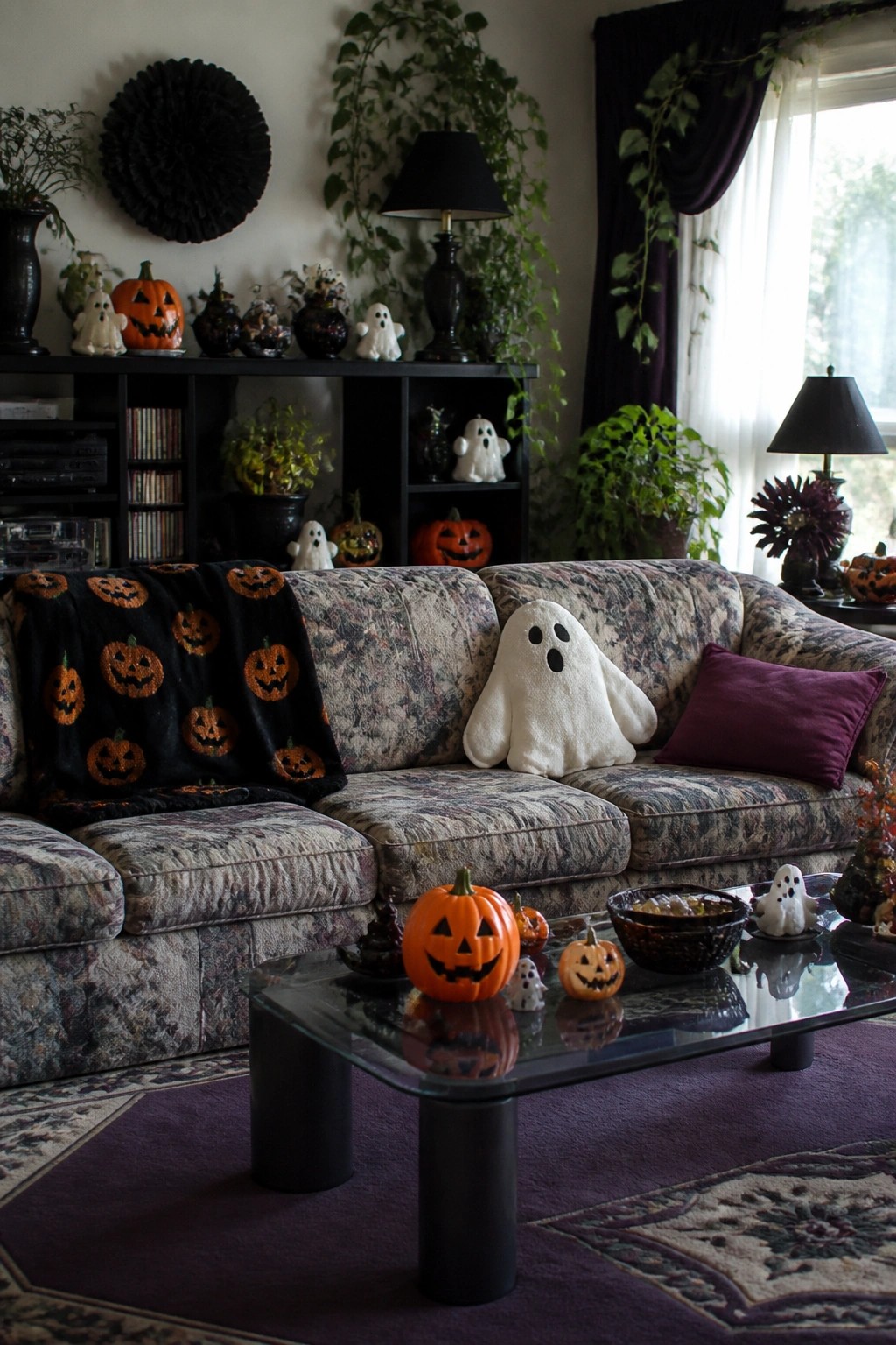 Living room sofa with a large white plush ghost, black jack o lantern blanket, and several small ghost and pumpkin decorations on the coffee table.