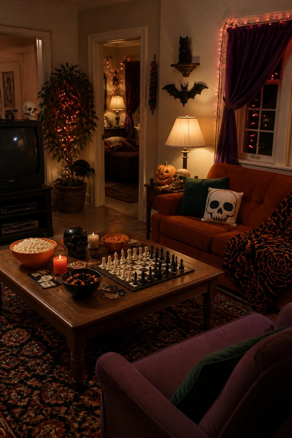 Cozy Halloween living room with chessboard, snacks, skulls, orange sofa, and string lights