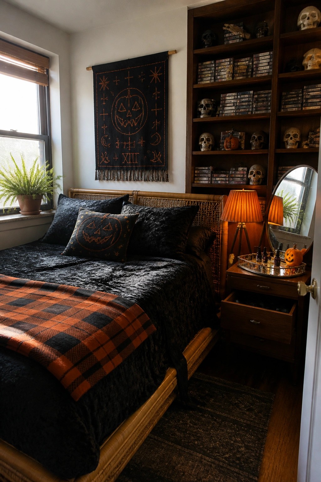 A bedroom interior with a rattan bed frame, black crushed velvet bedding, an orange buffalo check throw, a pumpkin-embroidered pillow, and dark wood built-in bookshelves filled with books and skulls.
