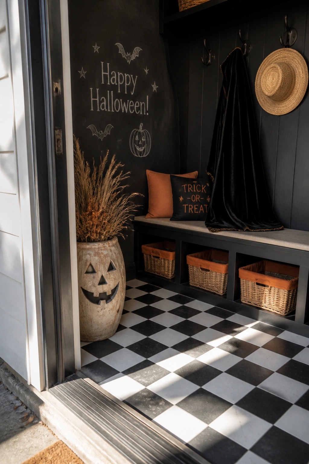 A black chalkboard wall in an entryway shows 