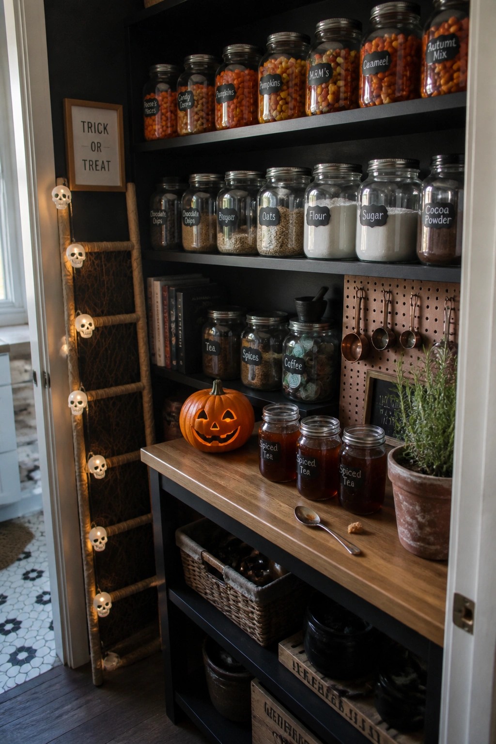 Black open shelves stocked with labeled glass jars of candy and baking ingredients, a glowing carved pumpkin on the wooden counter, and a ladder with skull lights to the side.