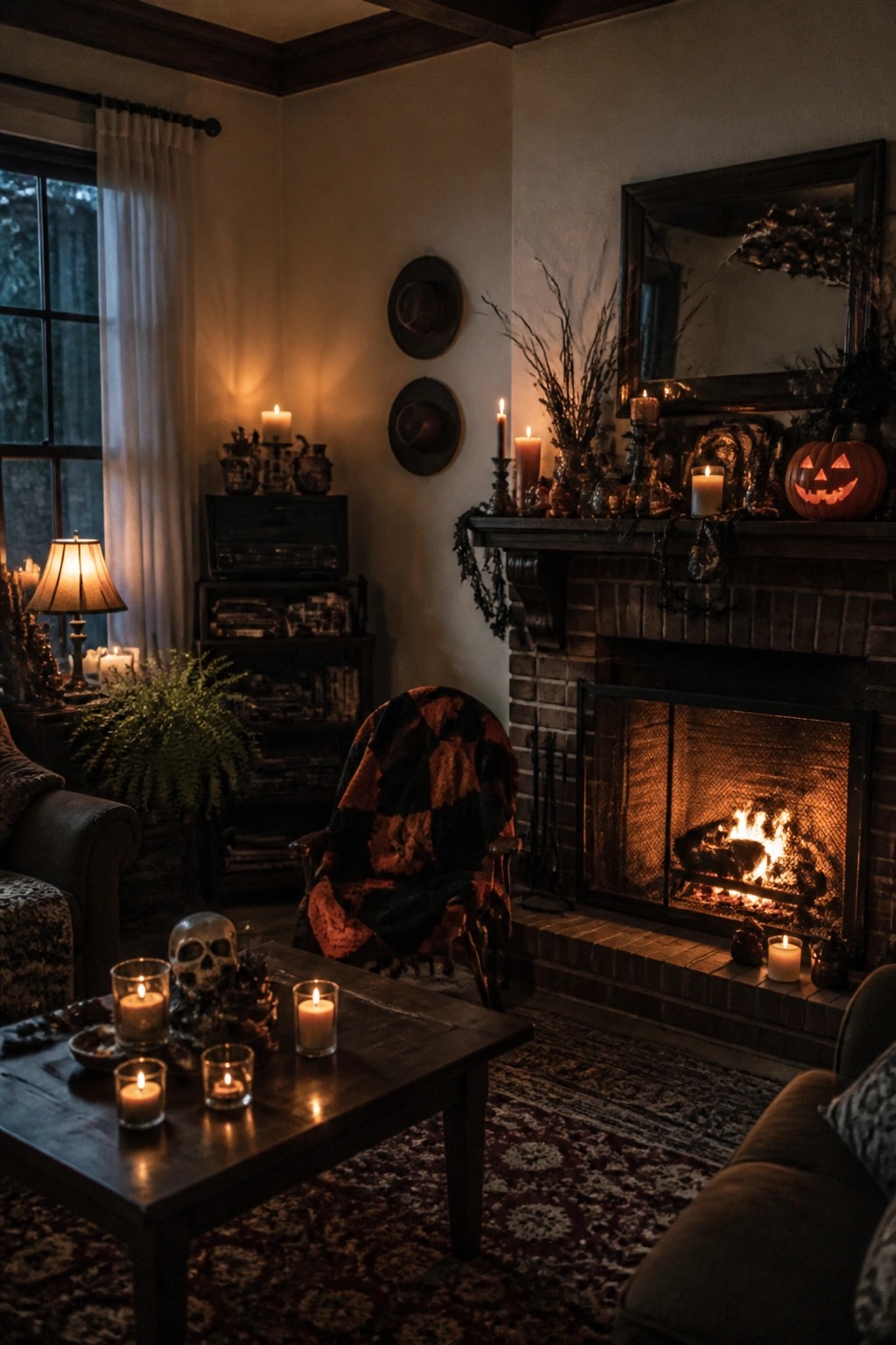 Living room fireplace mantel styled for Halloween with a carved jack o lantern, multiple lit candles, and dark garland across the brick surround.