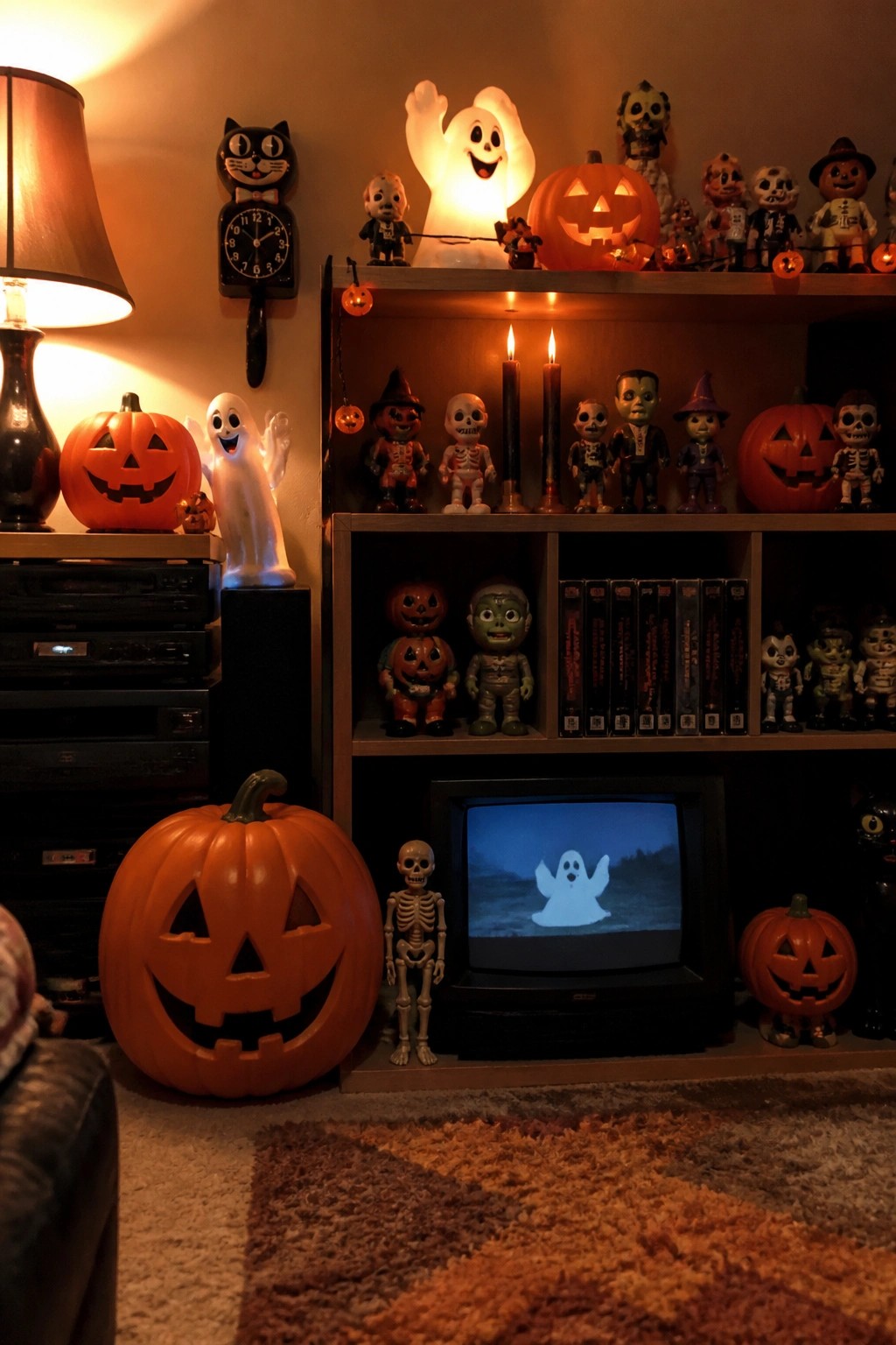 Living room shelves filled with vintage Halloween figures, skeletons, ghosts, and jack-o'-lanterns arranged around a small television.