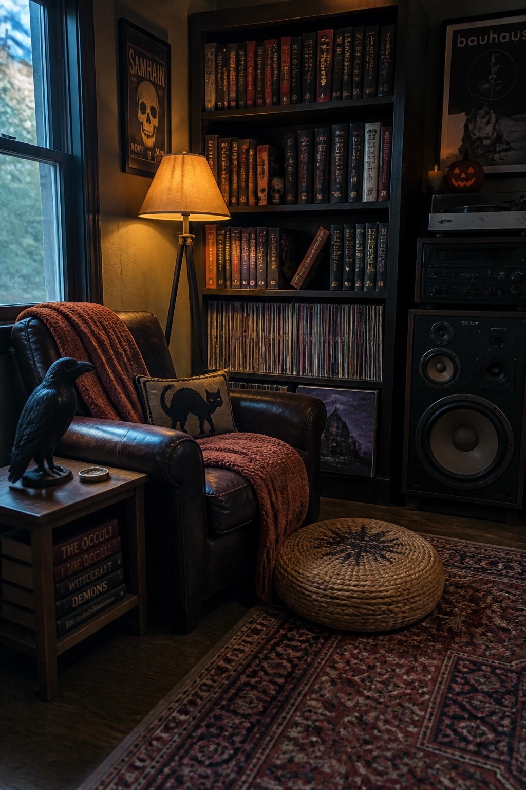 A brown leather armchair with a red blanket sits in front of full bookshelves holding books and records, next to a wooden side table with a black raven statue.