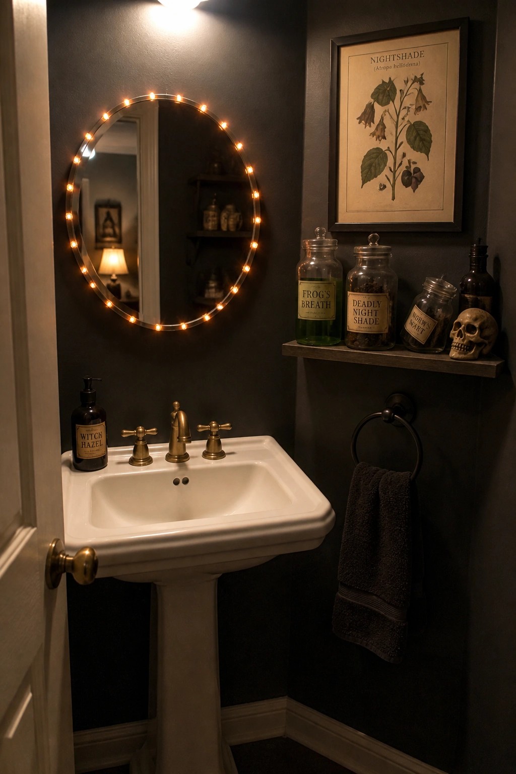 A bathroom with dark walls shows a white pedestal sink, round mirror with lights, and a wooden shelf holding glass jars labeled Frog's Breath, Deadly Nightshade, and Worm's Wart next to a skull.