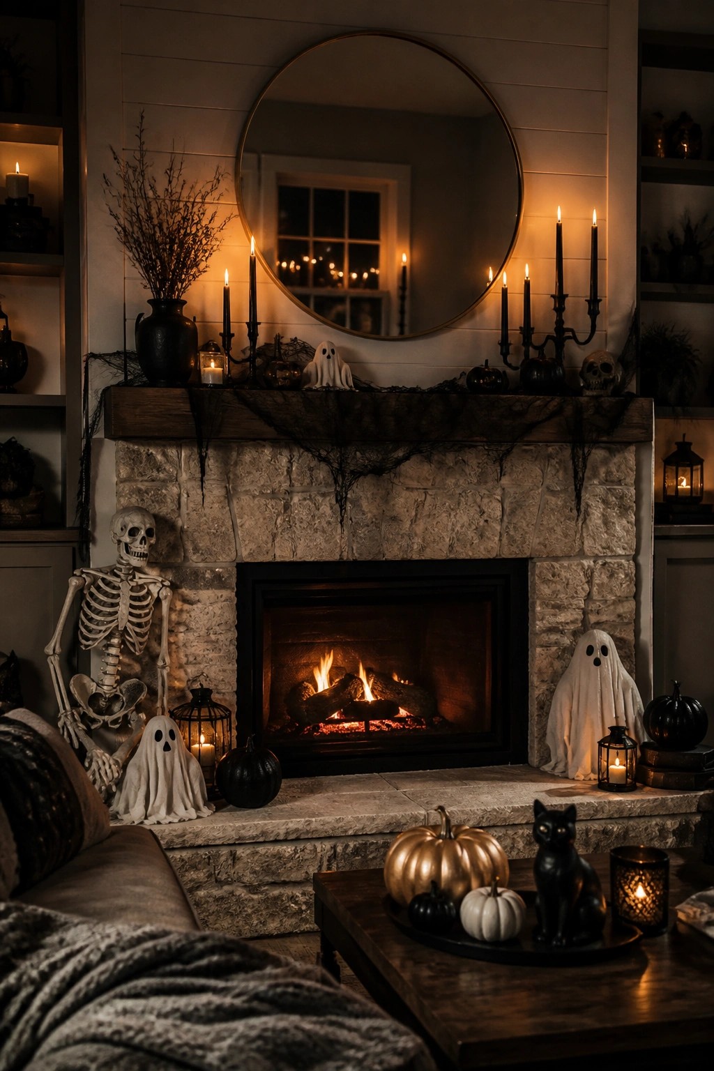 Stone fireplace mantel styled with ghost figures, black candles, spiderwebs, and a skeleton for Halloween.