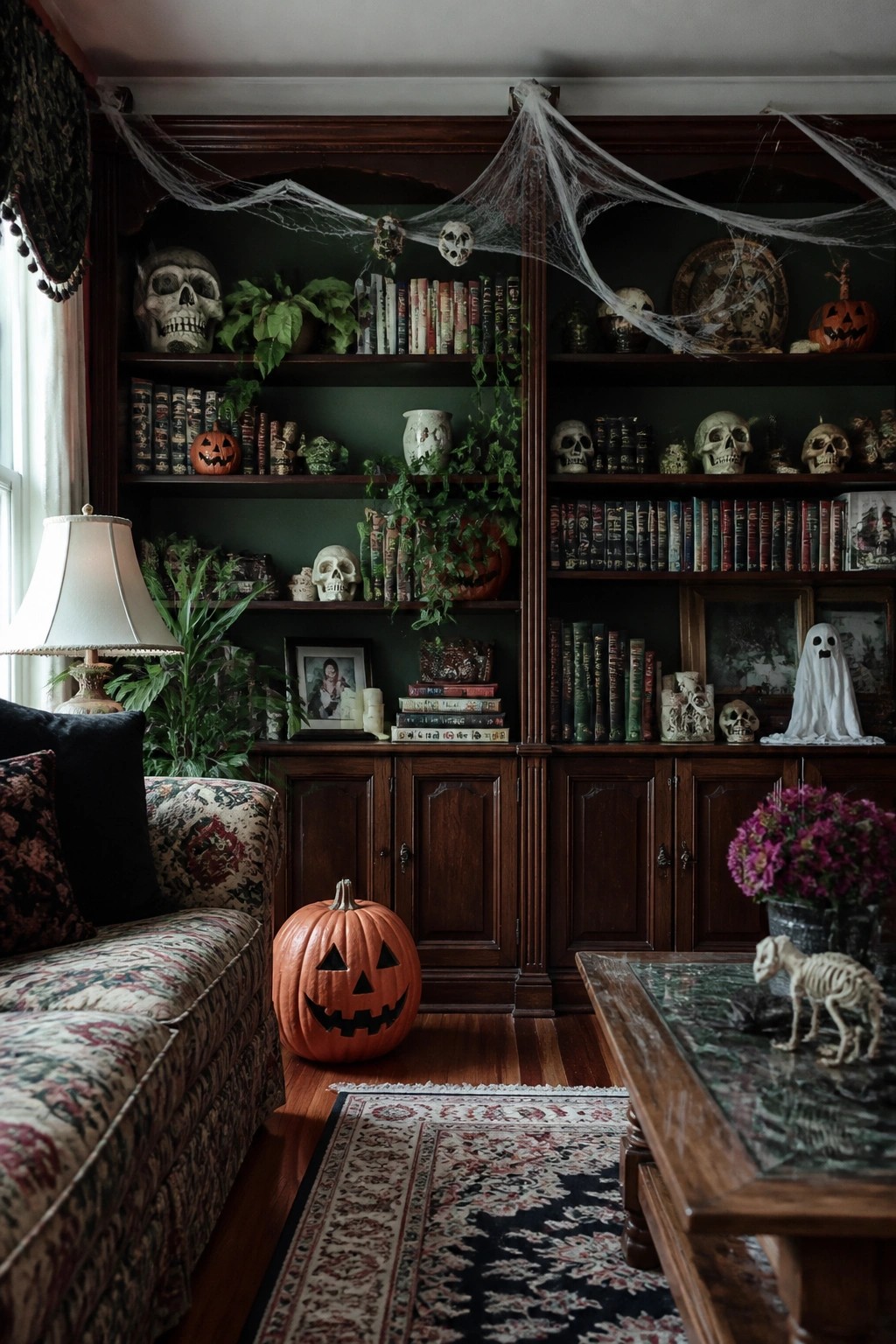 Dark wood built-in bookshelves covered in white spiderwebs, skulls, and small jack-o-lanterns in a living room.