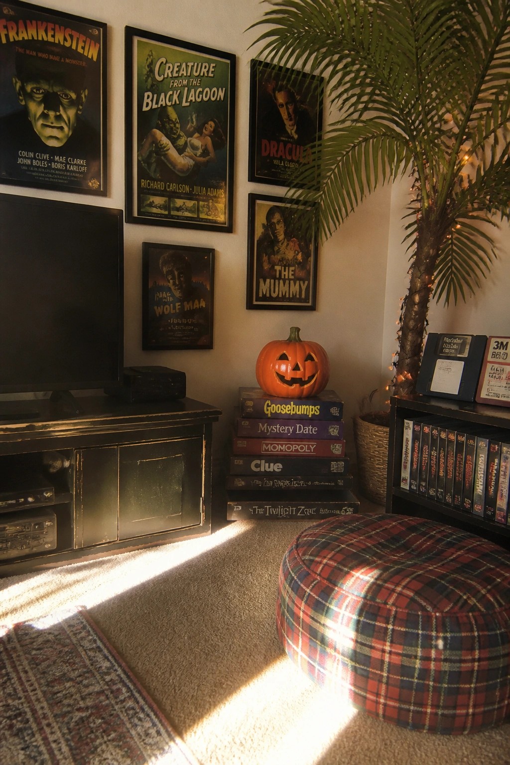 A corner of a room with five framed vintage horror movie posters on a white wall above a stack of books and games topped with a carved pumpkin, next to a television on a dark console and a plaid ottoman.