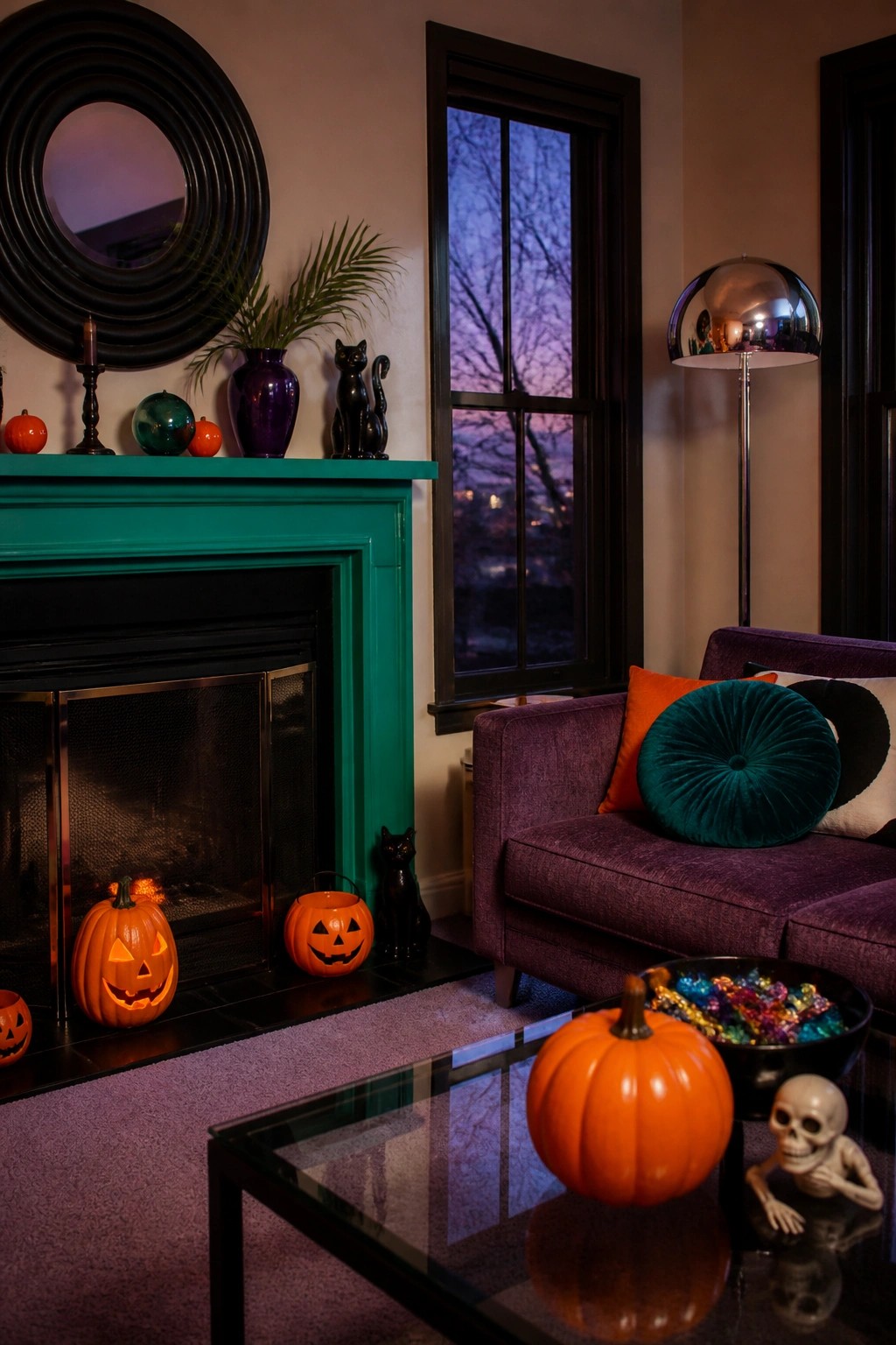 Halloween room with teal fireplace, lit jack-o'-lanterns, purple sofa, candy bowl and skull.