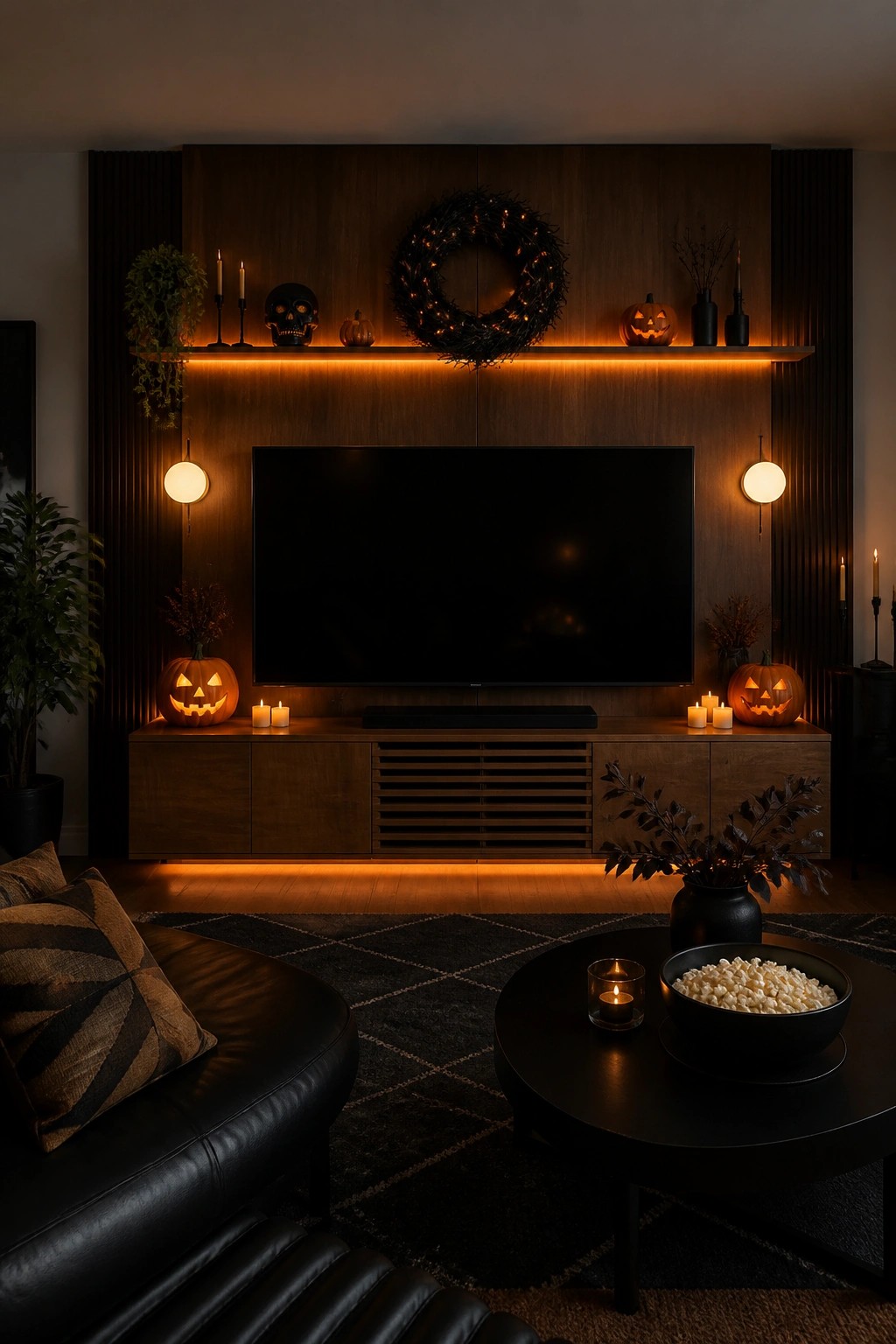 Living room TV wall with carved jack o lanterns on the console and a string-lit wreath above the screen.