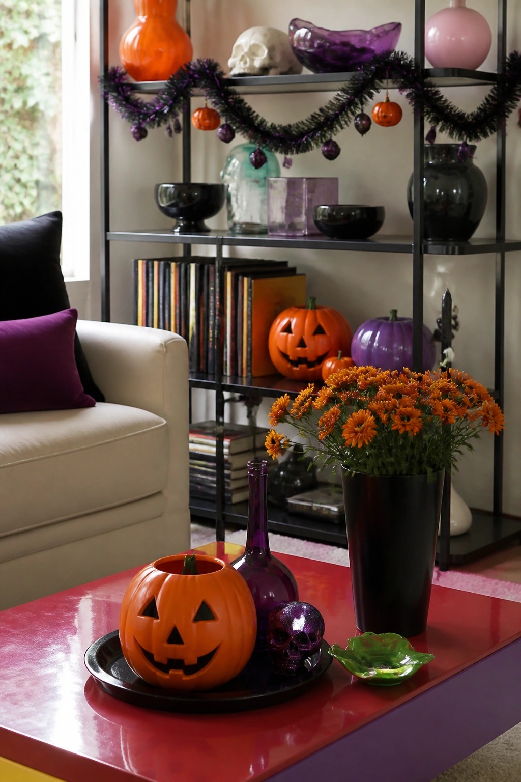 Coffee table with a black tray holding a carved jack o lantern, purple skull, and glass bottle in front of a black shelving unit decorated with more pumpkins and tinsel.