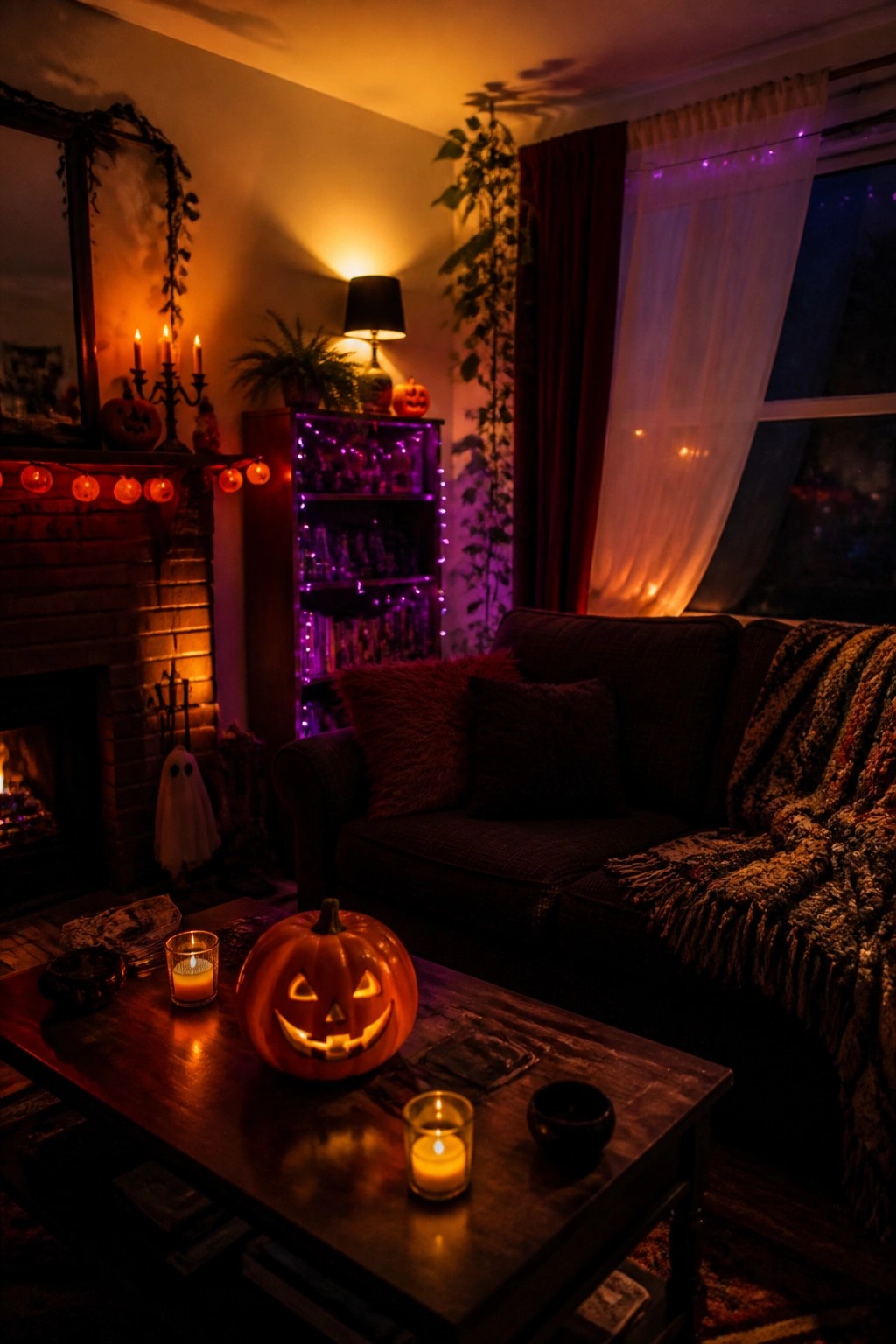 Living room scene with a carved jack o lantern on a wooden coffee table, smaller pumpkins on the mantel, string lights, and a ghost figure near the fireplace.