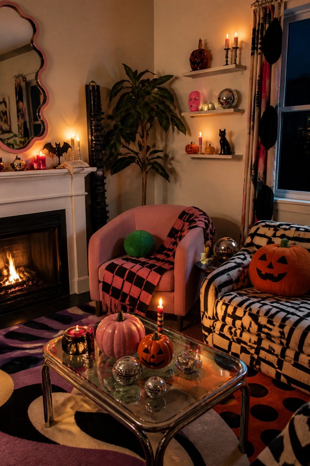 Cozy Halloween living room with pink armchair, pumpkins, candles, disco balls, and fireplace.